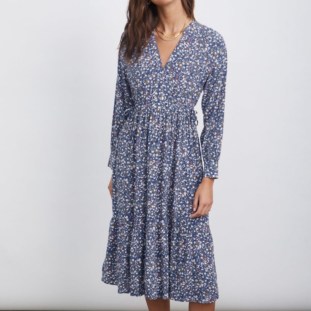 Rails Navy Floral V-Neck Midi Dress Long Sleeve Sz XL